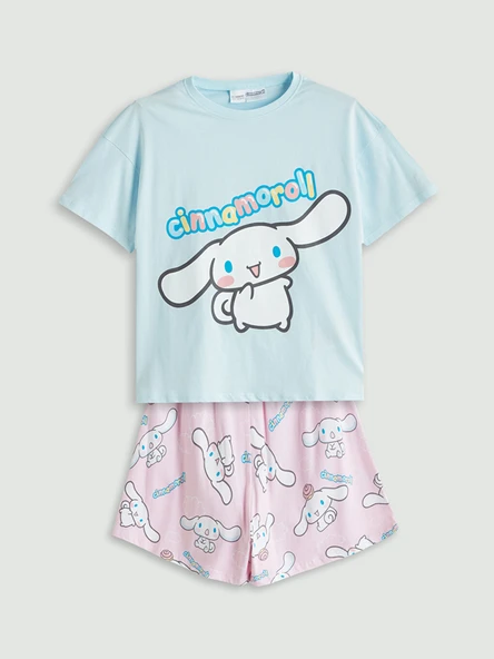 LCW Kids Mavi Bisiklet Yaka Cinnamoroll Baskılı Kız Çocuk Şortlu Pijama Takımı ürün görseli 1