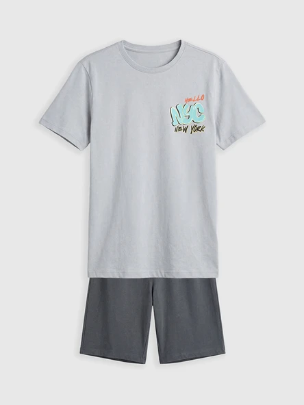 LCW Kids Gri New York Baskılı Erkek Çocuk Şortlu Pijama Takımı ürün görseli 1