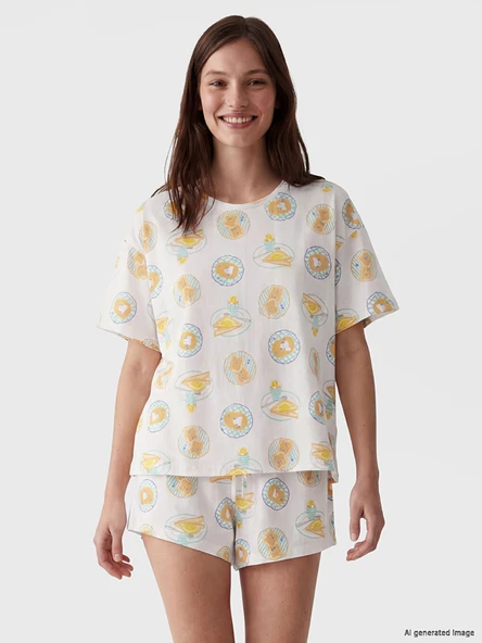 LCW DREAM Ekru Baskılı Kadın Şortlu Pijama Takımı ürün görseli 1