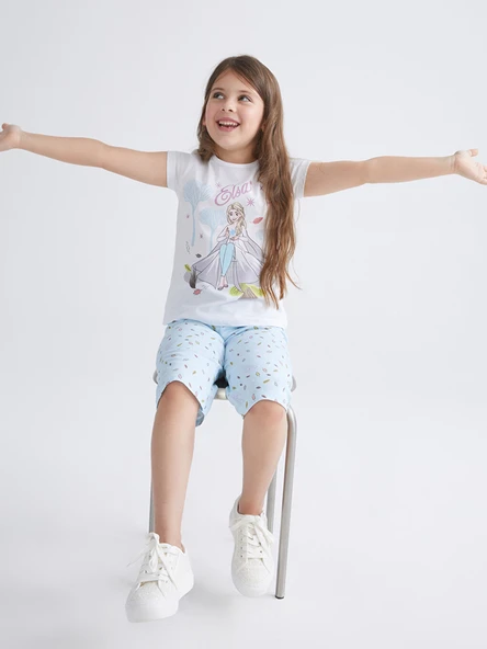 LCW Kids Beyaz Bisiklet Yaka Elsa Baskılı Kız Çocuk Pijama Takımı ürün görseli 1