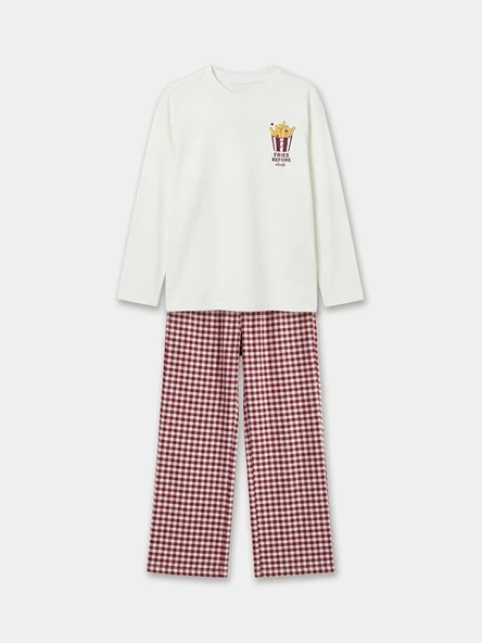 LCW Kids Ekru Bisiklet Yaka Baskılı Kız Çocuk Pijama Takım ürün görseli 1