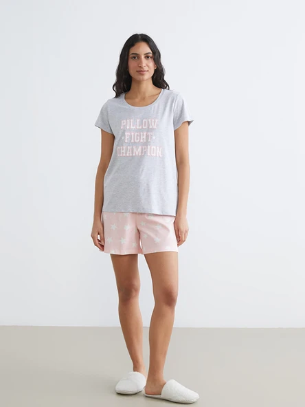 LCW DREAM Pembe Bisiklet Yaka Baskılı Kadın Şortlu Pijama Takımı ürün görseli 1