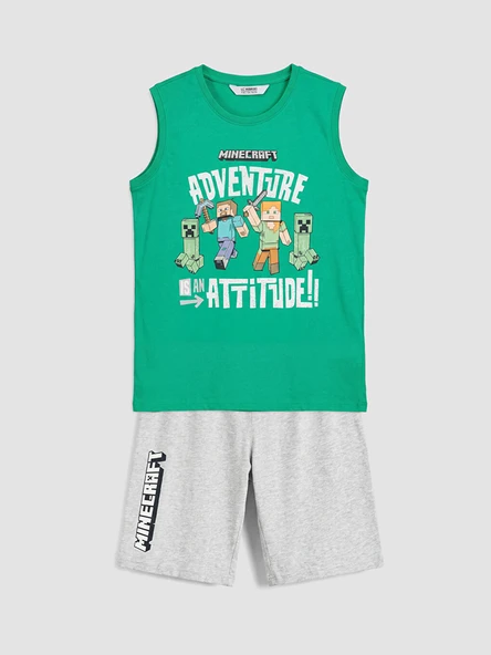 LCW Kids Yeşil Minecraft Baskılı Bisiklet Yaka Erkek Çocuk Pijama Takımı ürün görseli 1