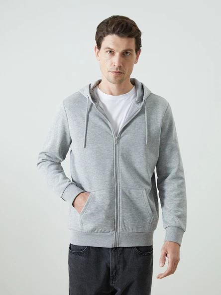 LCWAIKIKI Basic Gri Kapüşonlu Uzun Kollu Erkek Fermuarlı Sweatshirt ürün görseli 1