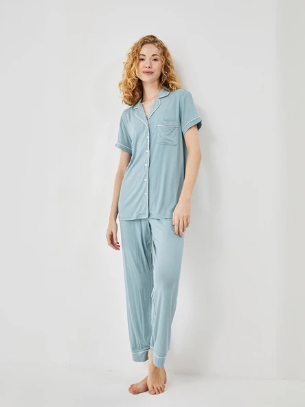 LCW DREAM Mavi Gömlek Yaka Kadın Pijama Takımı ürün görseli 1