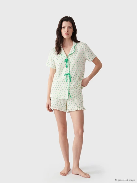 LCW DREAM Ekru Desenli Kadın Şortlu Pijama Takımı ürün görseli 1