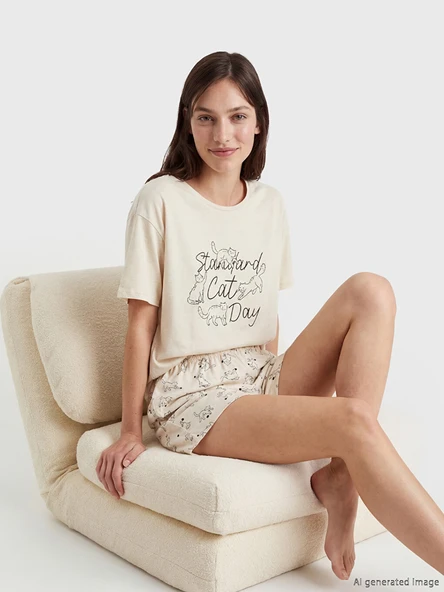 LCW DREAM Karışık Bisiklet Yaka Baskılı Kadın Şortlu Pijama Takımı ürün görseli 1