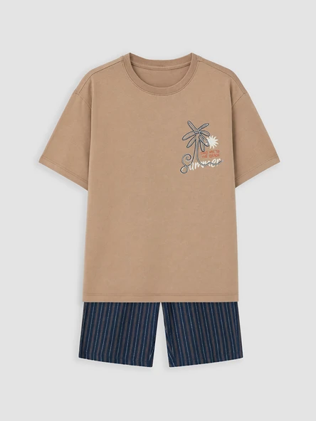 LCW Kids Kahverengi Bisiklet Yaka Erkek Çocuk Şortlu Pijama Takımı ürün görseli 1