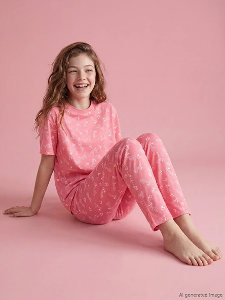 LCW Kids Pembe Baskılı Bisiklet Yaka Kız Çocuk Pijama Takım ürün görseli 1