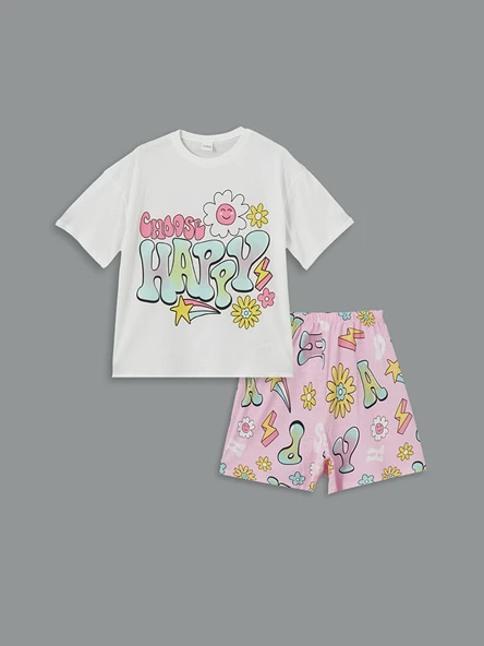 LCW Kids Beyaz Bisiklet Yaka Kız Çocuk Şortlu Pijama Takımı ürün görseli 1