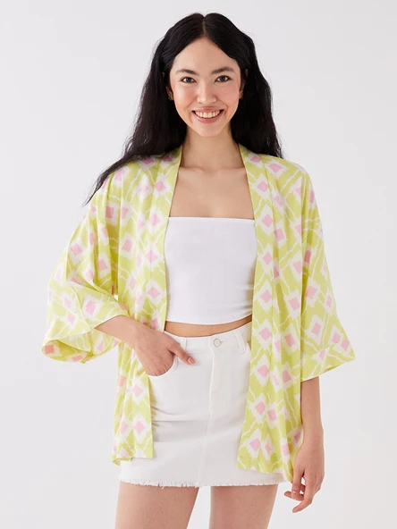 LCW Vision Yeşil Şal Yaka Desenli Oversize Kadın Kimono ürün görseli 1