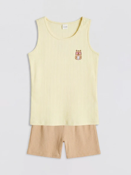 LCW Kids Bej Baskılı Kız Çocuk Şortlu Pijama Takımı ürün görseli 1