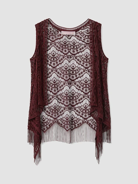 LCW DREAM Bordo Şal Yaka Dantelli Saçaklı Kadın Kimono ürün görseli 1