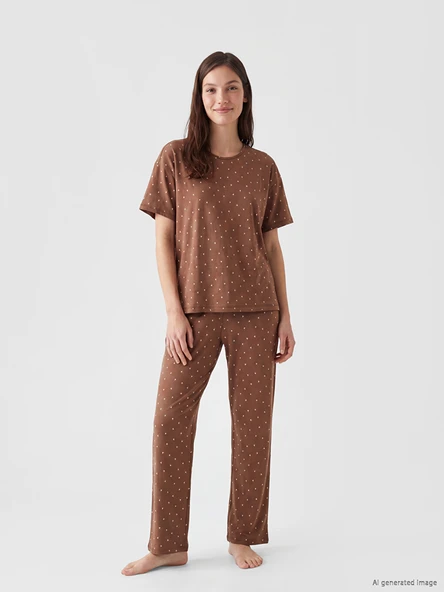 LCW DREAM Kahverengi Kalp Desenli Kadın Pijama Takım ürün görseli 1