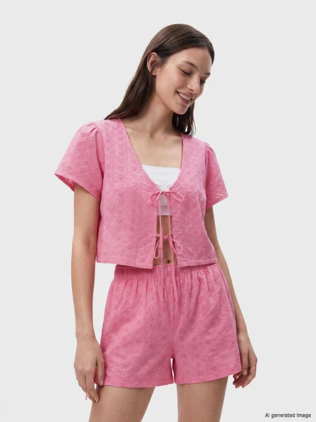 LCW DREAM Pembe V Yaka Brode Kadın Şortlu Pijama Takımı ürün görseli 1