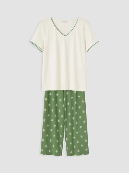 LCW DREAM Yeşil V Yaka Kadın Kaprili Pijama Takımı ürün görseli 1