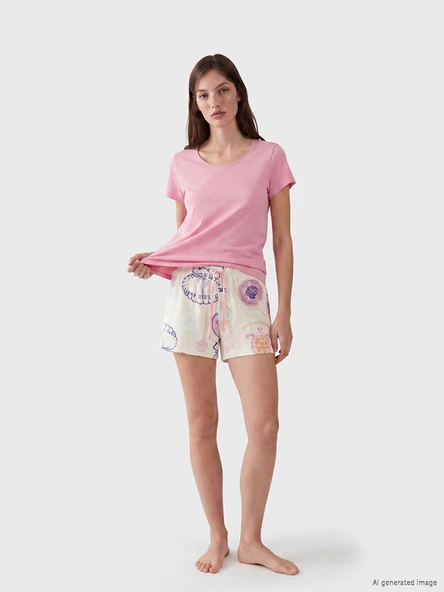 LCW DREAM Bej Bisiklet Yaka Kadın Şortlu Pijama Takımı ürün görseli 1
