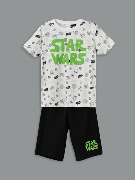 LCW Kids Beyaz Bisiklet Yaka Star Wars Baskılı Erkek Çocuk Şortlu Pijama Takımı ürün görseli 1