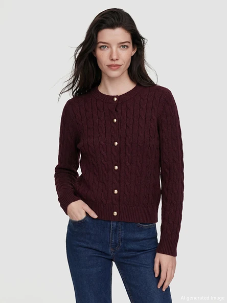 LCW Comfort Bordo Bisiklet Yaka Desenli Kadın Triko Hırka ürün görseli 1