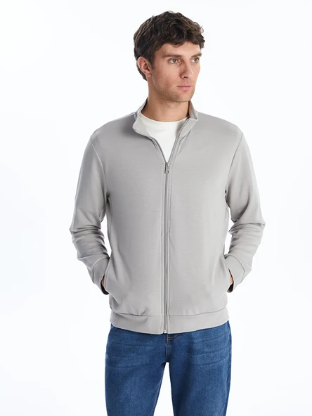 LCWAIKIKI Basic Gri Dik Yaka Uzun Kollu Erkek Fermuarlı Sweatshirt ürün görseli 1