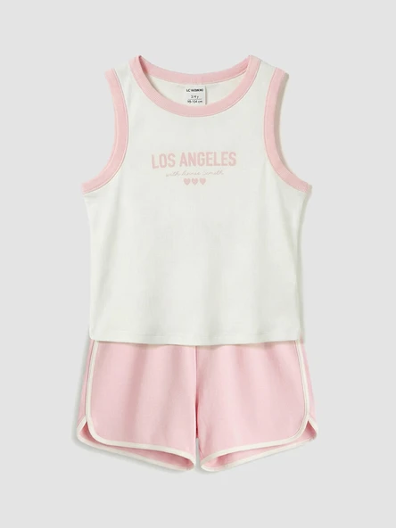 LCW Kids Ekru Los Angeles Baskılı Kız Çocuk Şortlu Pijama Takımı ürün görseli 1