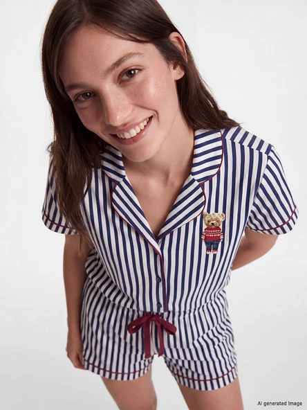 LCW DREAM Lacivert Gömlek Yaka Çizgili Kadın Şortlu Pijama Takımı ürün görseli 1