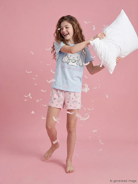 LCW Kids Mavi Cinnamoroll Baskılı Kız Çocuk Şortlu Pijama Takımı ürün görseli 1