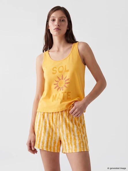 LCW DREAM Sarı Bisiklet Yaka Kadın Şortlu Pijama Takımı ürün görseli 1
