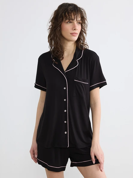 LCW DREAM Siyah Gömlek Yaka Kadın Şortlu Pijama Takımı ürün görseli 1