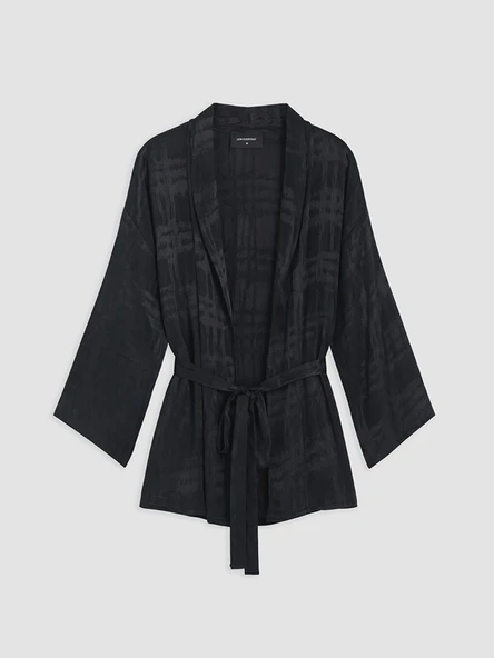 LCWAIKIKI Classic Siyah Şal Yaka Desenli Kuşaklı Kadın Kimono ürün görseli 1