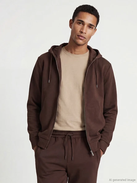 LCW Vision Kahverengi Kapüşonlu Erkek Fermuarlı Sweatshirt ürün görseli 1