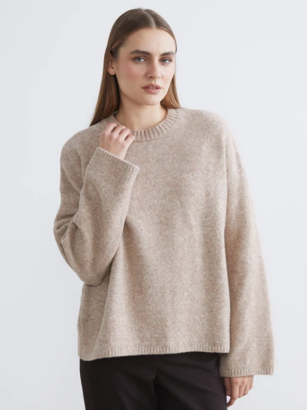 LCW EVERYDAY Bej Bisiklet Yaka Oversize Kadın Triko Kazak ürün görseli 1