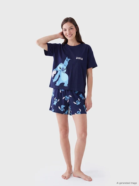 LCW Young Lacivert Stitch Baskılı Kadın Şortlu Pijama Takımı ürün görseli 1