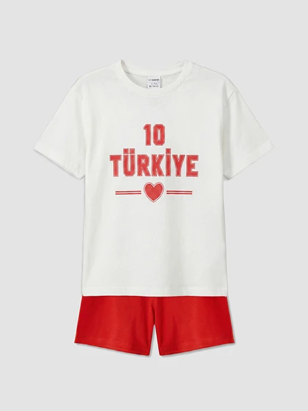 LCW Kids Ekru Türkiye Baskılı Kız Çocuk Şortlu Pijama Takımı ürün görseli 1