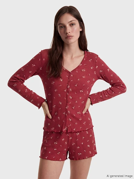 LCW DREAM Mürdüm V Yaka Çiçekli Kadın Şortlu Pijama Takımı ürün görseli 1