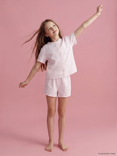 LCW Kids Beyaz Desenli Kız Çocuk Müslin Şortlu Pijama Takımı ürün görseli 1