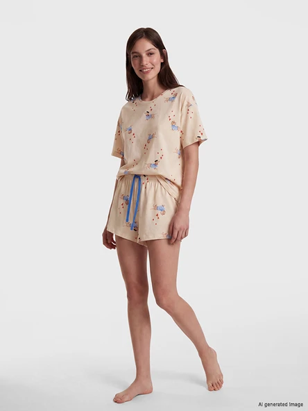 LCW DREAM Bej Köpek Baskılı Kadın Şortlu Pijama Takımı ürün görseli 1