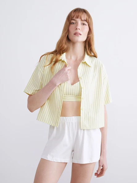 LCW DREAM Sarı Çizgili Kadın Pijama Üstü ve Büstiyer 2'li ürün görseli 1
