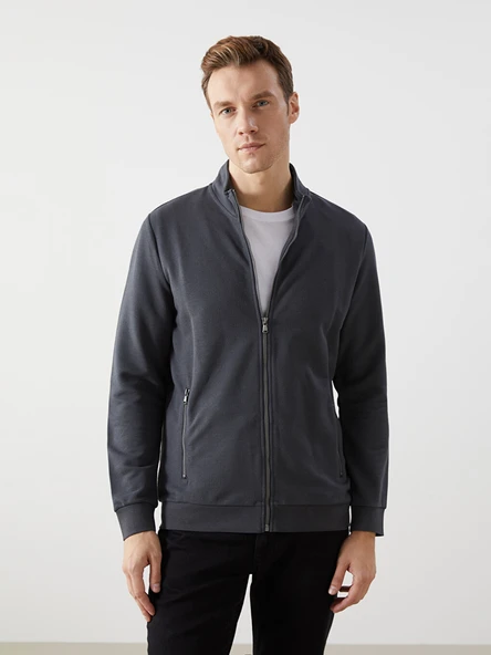 LCWAIKIKI Classic Antrasit Dik Yaka Uzun Kollu Erkek Fermuarlı Sweatshirt ürün görseli 1