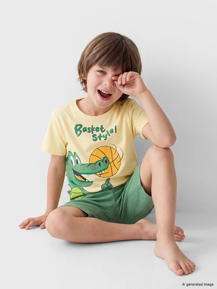 LCW Kids Sarı Bisiklet Yaka Erkek Çocuk Şortlu Pijama Takımı ürün görseli 1