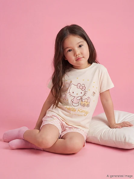 LCW Kids Bej Hello Kitty Baskılı Kız Çocuk Şortlu Pijama Takımı ürün görseli 1