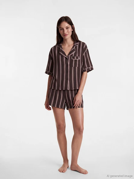 LCW DREAM Kahverengi Gömlek Yaka Çizgili Kadın Şortlu Pijama Takımı ürün görseli 1