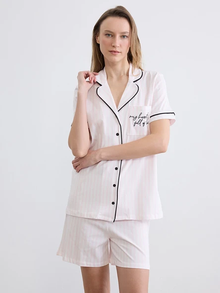 LCW DREAM Ekru Gömlek Yaka Çizgili Kadın Şortlu Pijama Takımı ürün görseli 1