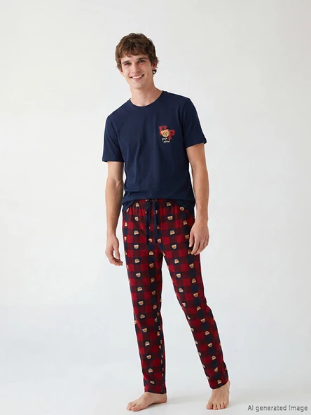LC WAIKIKI Lacivert Standart Kalıp Ayı Teddy Baskılı Erkek Pijama Takım ürün görseli 1