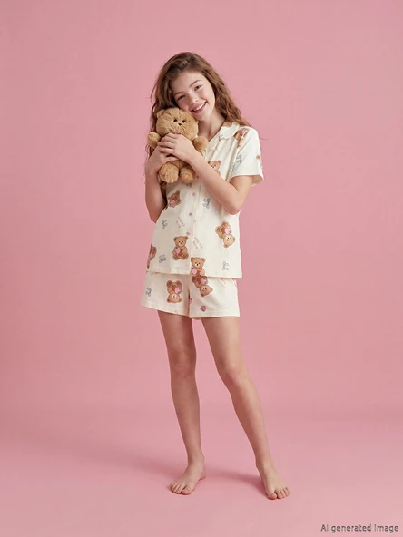 LCW Kids Ekru Gömlek Yaka Baskılı Kız Çocuk Şortlu Pijama Takım ürün görseli 1