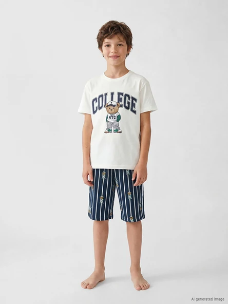 LCW Kids Ekru Ayı Teddy Baskılı Erkek Çocuk Şortlu Pijama Takımı ürün görseli 1