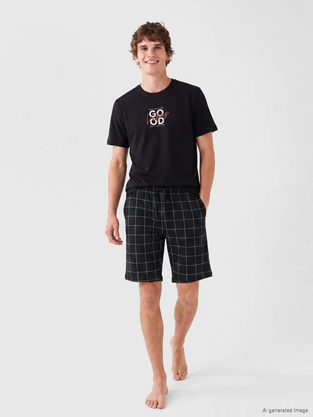 LC WAIKIKI Siyah Baskılı Erkek Şortlu Pijama Takımı ürün görseli 1