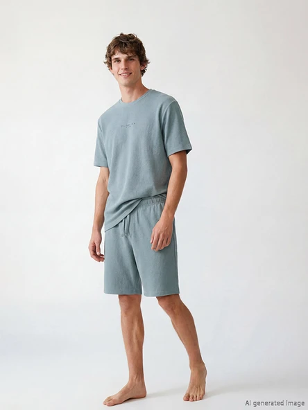 LC WAIKIKI Mavi Standart Kalıp Florida Baskılı Erkek Şortlu Pijama Takımı ürün görseli 1
