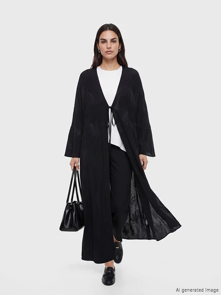 LCW Modest Siyah V Yaka Desenli Kadın Kimono ürün görseli 1