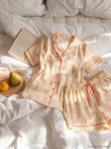 LCW DREAM Ekru Gömlek Yaka Desenli Kadın Şortlu Pijama Takımı ürün görseli 1